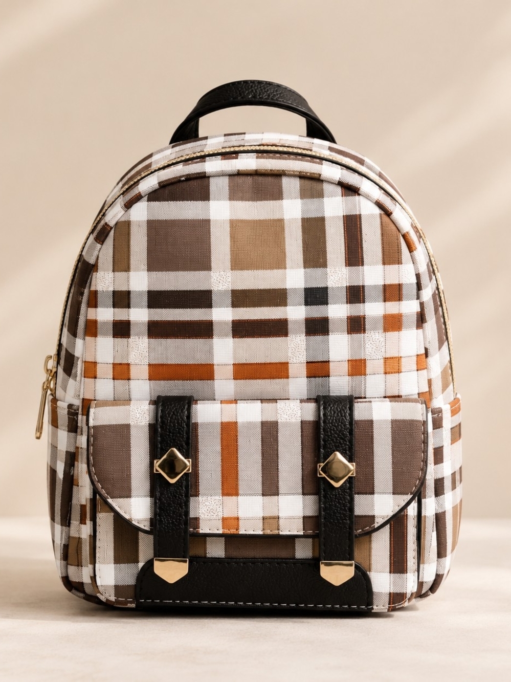 NWT Stylish Plaid Mini Backpack with Teddy Bear Keychain - Brown & White